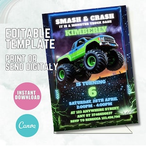 Editable Monster Truck Birthday Invitation, Boom Crash Bash Party Invite, Printable Truck Theme Template Instant Download Boys Birthday V43