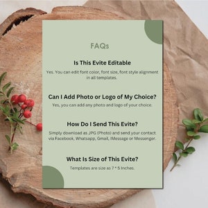 Peut inclure: Une carte d'information rectangulaire vert sauge avec du texte sombre intitul&eacute;e FAQs. Elle pr&eacute;cise que l'invitation est modifiable, permet des photos ou logos personnalis&eacute;s, peut &ecirc;tre envoy&eacute;e num&eacute;riquement et mesure 7 par 5 pouces. La carte pr&eacute;sente des accents circulaires vert fonc&eacute;.