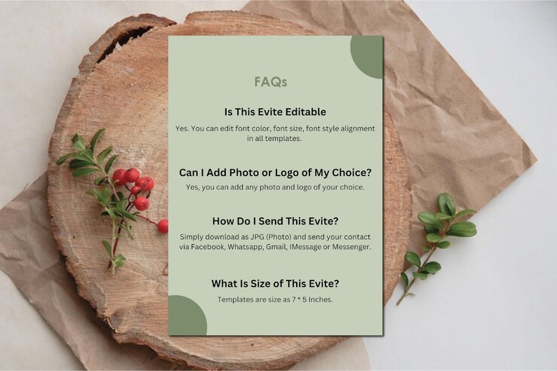 Peut inclure: Une carte d'information rectangulaire vert sauge avec du texte sombre intitul&eacute;e FAQs. Elle pr&eacute;cise que l'invitation est modifiable, permet des photos ou logos personnalis&eacute;s, peut &ecirc;tre envoy&eacute;e num&eacute;riquement et mesure 7 par 5 pouces. La carte pr&eacute;sente des accents circulaires vert fonc&eacute;.