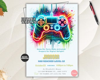 Level Up Video Game Birthday Invitation, Neon Arcade Gamer Invite Template