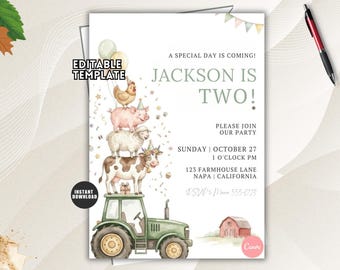 May include: A birthday invitation template featuring a watercolour illustration of a green tractor topped with a cow, sheep, pig, and chicken wearing party hats. Text reads: A SPECIAL DAY IS COMING! JACKSON IS TWO! PLEASE JOIN OUR PARTY, OCTOBER 27.