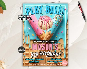 Baseball Birthday Invitation, Ice Cream Drip Party Invite, Sports Canva Template