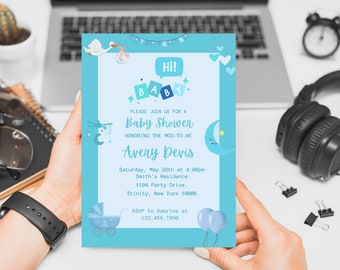 Edytowalne zaproszenie na baby shower dla chłopca, niebieskie, minimalistyczne zaproszenie (do pobrania cyfrowego)