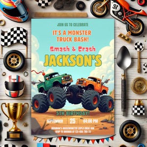 Editable Monster Truck Birthday Invite, Monster Truck Party Monster Invitation Truck Invite Smash and crash Invite Instant Download, MT2