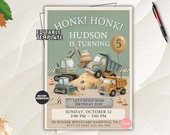 Construction Birthday Invitation: Digger Dump Truck Party Trash Truck  (Digital Download)