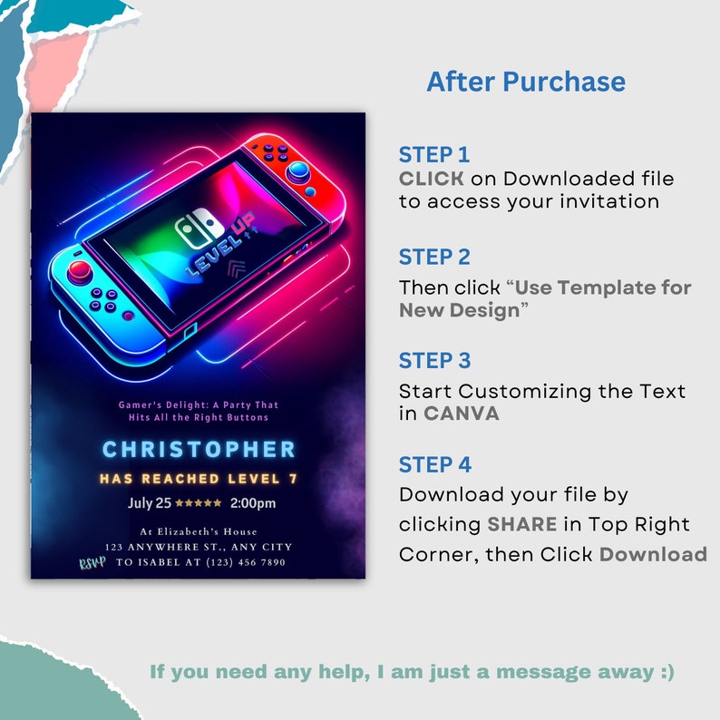 Plan an amazing video game party with our Editable Video Game Party Invitation. Perfect for a Level Up Birthday or arcade party, this invite features a Nintendo Switch design and is instantly downloadable and customizable.