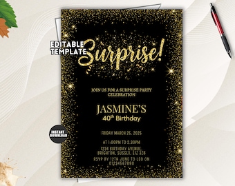 Surprise 40th Birthday Invitation, Black Gold Glitter Milestone Party Editable Adult Template