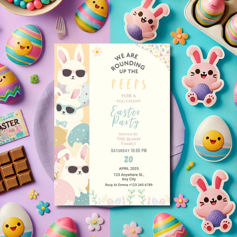 Create unforgettable Easter memories with this EDITABLE Easter Egg Hunt Invitation! The gold Easter egg design and cute Easter Bunny make this Peeps Invitation perfect for your spring celebration. Customize the text and details instantly, and download your printable template today. Spread love and joy with this beautifully designed Easter Party Invite!