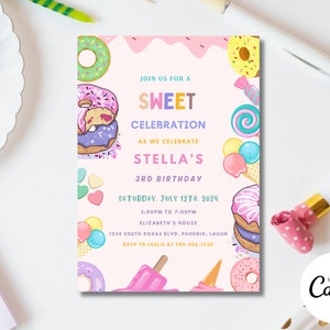 Modello modificabile per invito di compleanno a tema ciambella, invito per festa di compleanno a tema dolce, invito stampabile per festa a tema ciambella, invito per dessert, download immediato