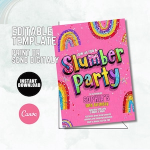 Editable Slumber Party Birthday Invitation Sleepover Birthday Invite, Pink Girl Spa Tween Teen Template, Slumber Birthday Invitation Theme