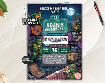 Ninja Turtle Birthday Invitation, Editable Green Turtle Pizza Party Template