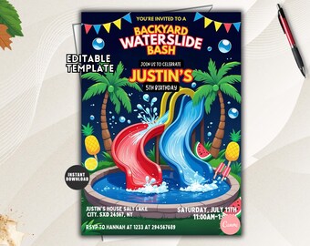 Uitnodiging voor een verjaardag met waterglijbaan, bewerkbare uitnodiging voor een zwembadfeest, digitale sjabloon voor een zomers spetterfeest.