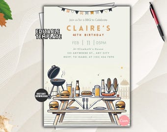 May include: An editable BBQ birthday invitation template featuring a picnic table with burgers, corn, and drinks, a grill, and bunting. Text includes: Join us for a BBQ to Celebrate CLAIRE'S 40TH BIRTHDAY FEB 11 05PM At Elizabeth's House 123 ANYWHERE ST., ANY CITY RSVP: TO ISABEL AT (123) 456 7890.