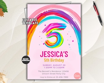 Invitación editable de lentejuelas arcoíris para el quinto cumpleaños, plantilla imprimible de Canva para el quinto cumpleaños de niña