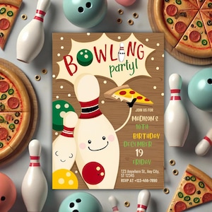 Bowling and Pizza Birthday Invitation, Editable Boy Bowling Party Invite, Pizza Party, Digital Kid Bowling Invitation, Birthday Theme, BP1