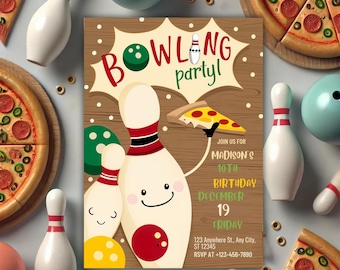 Bowling Pizza Birthday Invitation, Editable Party Invite (Digital)