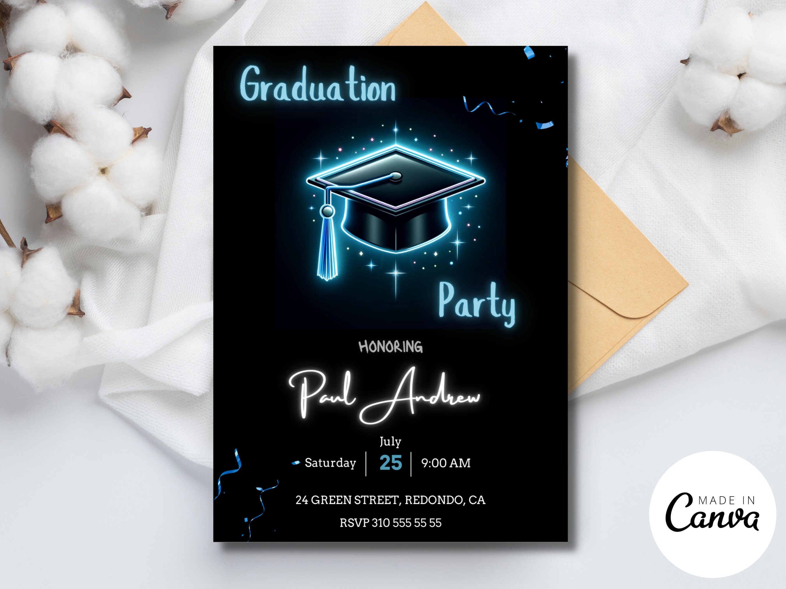 2026 Modern Graduation Ceremony Invitation Template, Minimalist College Grad Announcement, Editable Neon College graduation Templett B85