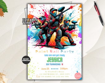 May include: An editable Paint Ball Party invitation template featuring three figures in protective gear and masks holding paintball markers against a colorful paint splatter background. Text includes Paint Ball Party, Jessica is turning 9, June 25, 2:00pm, and placeholder address and RSVP details.