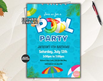 May include: A bright blue pool party invitation template featuring the text Join us for a POOL PARTY, Jackson's 12th Birthday, Saturday, July 12th, 3:00pm to 7:00pm, Jackson's Race Track, 1234 Dirt Bike Way, and RSVP Alice at 123.455.6780.