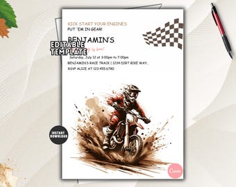 Pode incluir: Um modelo de convite editável com um piloto de motocross em movimento e salpicos de tinta castanha e preta. O texto diz KICK START YOUR ENGINES, PUT 'EM IN GEAR, BENJAMIN'S, Saturday, July 12 at 3:00pm to 7:00pm, BENJAMIN'S RACE TRACK, RSVP ALICE.