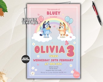 Editable Blue Birthday Invitation Template, Cute Blue Dog Party Invite for Kids, Canva Birthday Invitation
