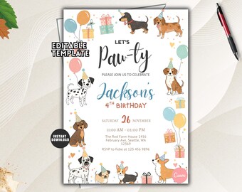 Dog Birthday Invitation, Puppy Pawty, Editable Template (Digital Download)
