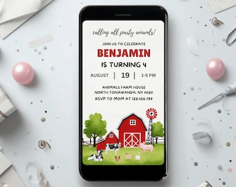 Editable Farm Birthday Invitation, Barn Animals Mobile Evite (Digital Download)