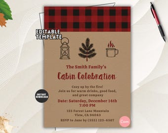 May include: A rectangular invitation template featuring a red and black buffalo plaid border at the top. The tan background displays black line art of a lantern, a pine tree, and a mug. Text includes The Smith Family's Cabin Celebration and event details.