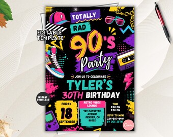 90s Party Invitation, Retro Throwback Birthday Invite, Nostalgic House Party Canva Template