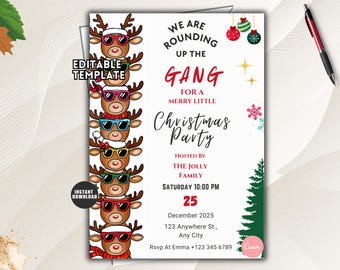 May include: A Christmas party invitation template featuring a vertical stack of reindeer wearing colorful sunglasses and hats. The text reads: We are rounding up the gang for a merry little Christmas party hosted by the jolly family, Saturday 10:00 PM 25 December 2025.