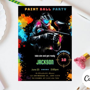 ペイントボール誕生日招待状（男の子）編集可能なペイントボールパーティー招待状テンプレート ペイントプラッター ティーントゥイーンペイントボーラー 即時ダウンロード V30