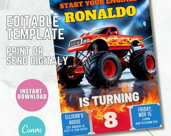Bewerkbare Monster Truck-verjaardagsuitnodiging, Cars Party (digitale download)