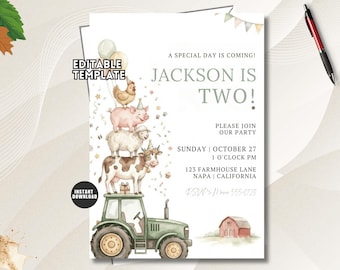 May include: An editable invitation template featuring a watercolor illustration of a green tractor topped with a stacked cow, sheep, pig, and chicken wearing party hats. Text reads: A SPECIAL DAY IS COMING! JACKSON IS TWO! PLEASE JOIN OUR PARTY.