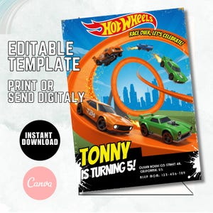 Bewerkbare Hot Cars-uitnodiging, Hot Wheels-uitnodiging, Hot Race Cars-verjaardagssjabloon, Hot Wheels-sjabloon, bewerkbare kinderen verjaardagsuitnodiging