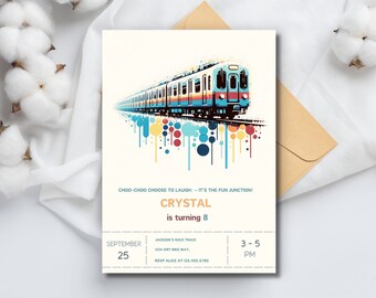 Editable Choo Choo Train Birthday Invitation, Watercolor Vintage Design (Digital Download)