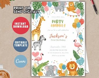 Editable Party Animals Birthday Invitation, Jungle Safari Theme (Digital Download)