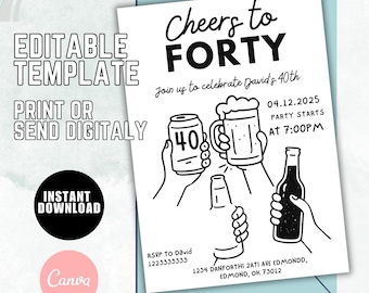 乾杯＆ビールの誕生日招待状、サプライズビールパーティー、編集可能で印刷可能な（デジタル）