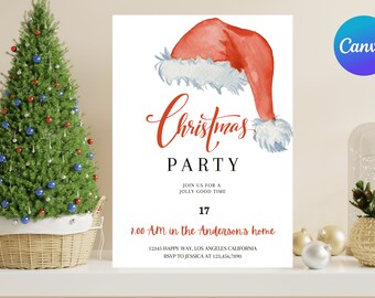 Christmas Party Invitation, Santa Hat Design (Digital Download)