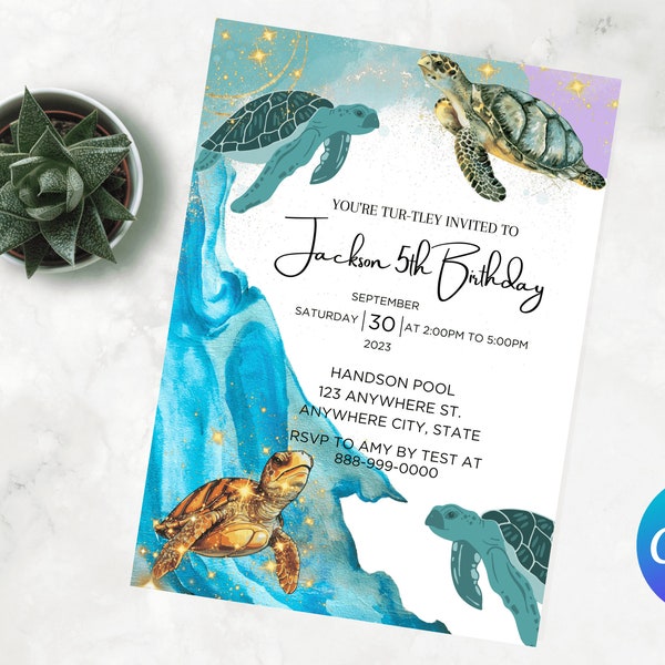 Sea Turtle Invitation Turtley Awesome Party Under The Sea Birthday Invitation Sea Turtle Editable Party Invite Template Instant Download