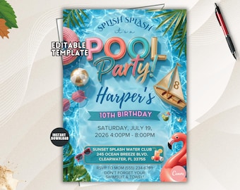 Kids Pool Party Birthday Invitation, Summer Swim Splash Party Invite (Digital Download)