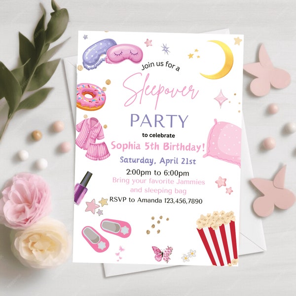 Editable Slumber Party Birthday Invitation Sleepover Birthday Invite Pink Girl Spa Tween Teen Digital Download Printable Template