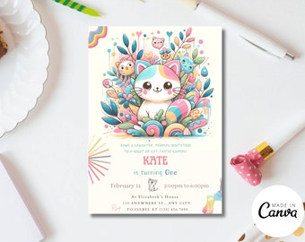 Modèle d'invitation d'anniversaire chaton, fête des chatons pour filles (téléchargement instantané)