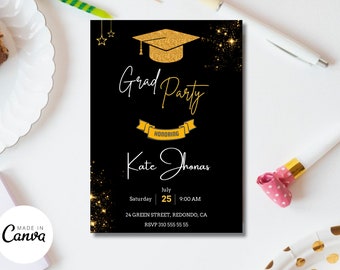 Black Gold Graduation Party Invitation, Elegant Senior Grad Invite (Digital Download)