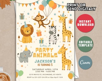 Safari Birthday Invitation Template, Jungle Animals, Editable (Digital Download)