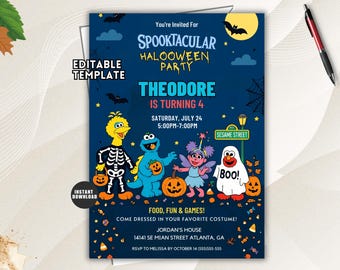 Sesame Street Halloween Birthday Invitation, Spooky Elmo Cookie Monster Kids Party Editable Template