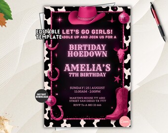 Invitación de cumpleaños con temática de rodeo disco de vaquera rosa – Plantilla de invitación para fiesta del oeste