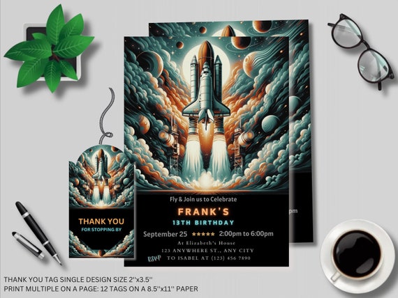 Outer Space Birthday Invitation, Rocket Ship, Planets (Digital Download)