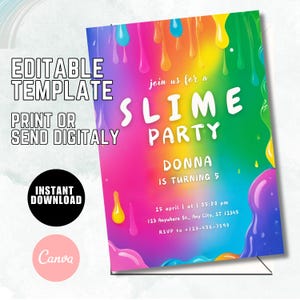 Invitación de cumpleaños editable para fiesta de slime, invitación de slime para niña, plantilla para fiesta de slime, cumpleaños de slime arcoíris, slime rosa y morado S43