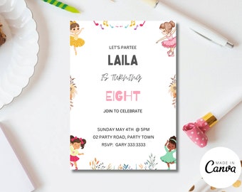 Invitación de cumpleaños con tutú de bailarina, plantilla editable (descarga digital)