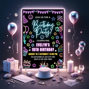 Invito di compleanno con luci al neon, invito per una festa, festa luminosa, invito di compleanno al neon, modello Canva modificabile, qualsiasi età, testo personalizzato R34